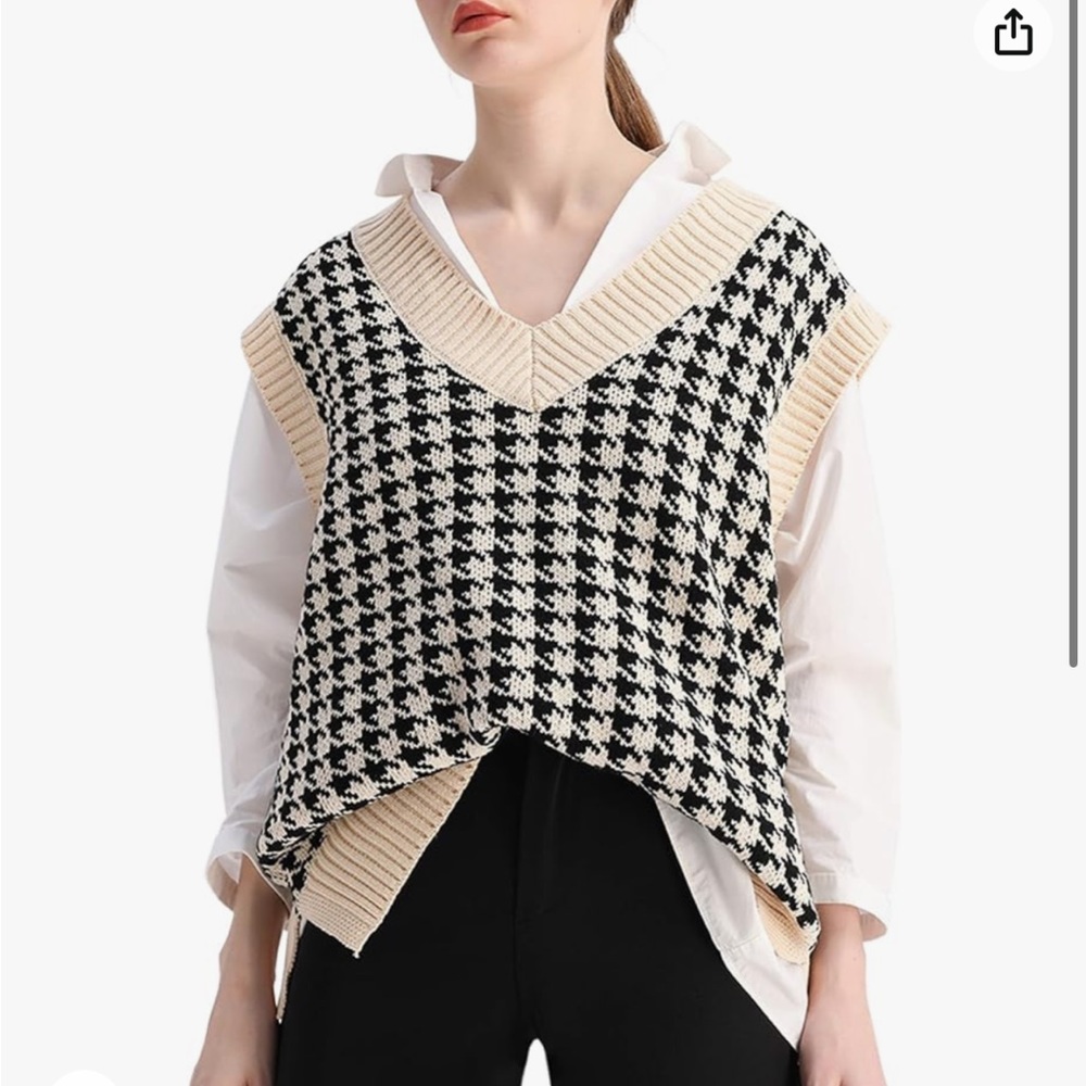 SAFRISIOR Oversized Houndstooth Knitted Vest Sweater Vintage V Neck Loose